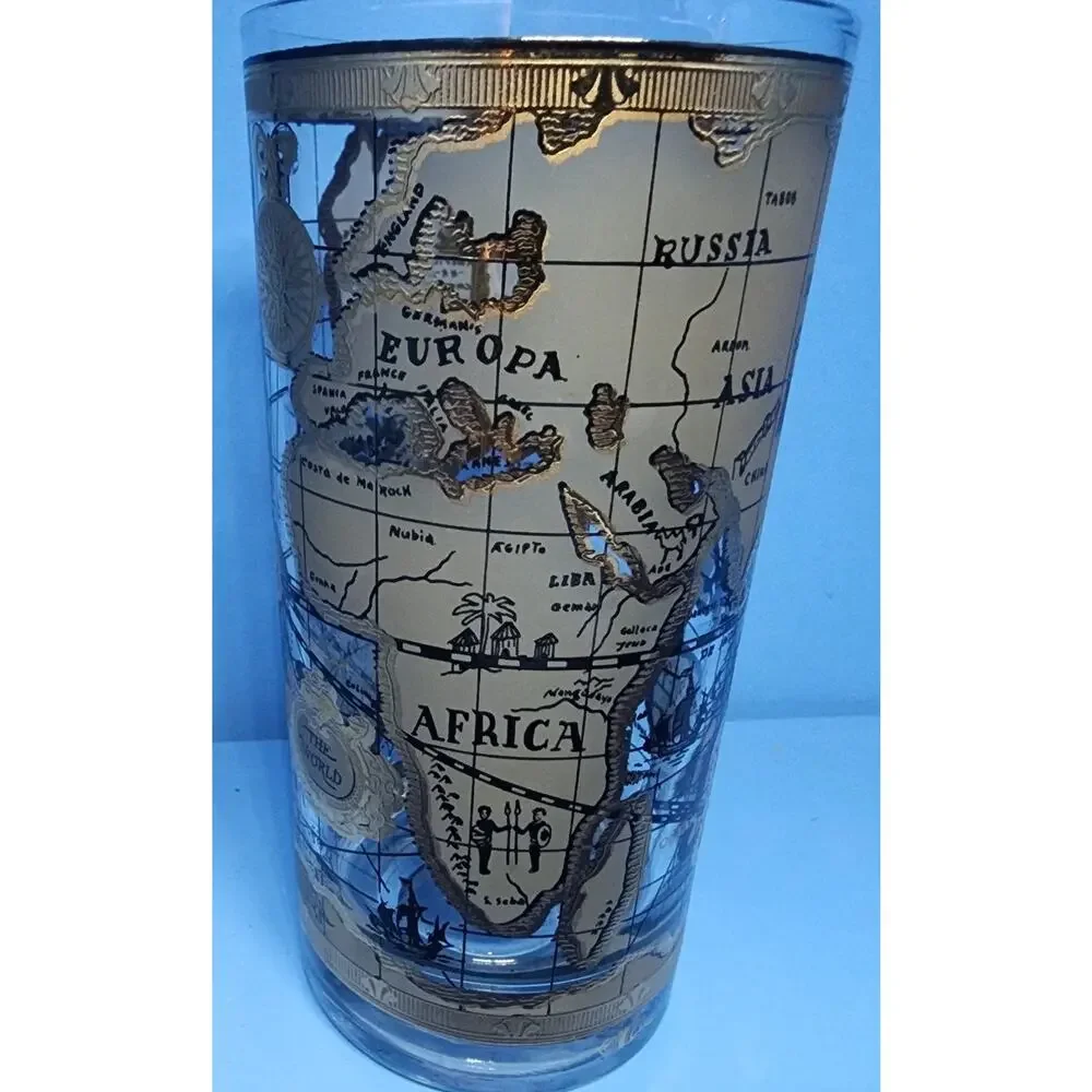 Vintage Cera Atlas Old World Map Highball Glasses 22K Gold Mid Century Modern